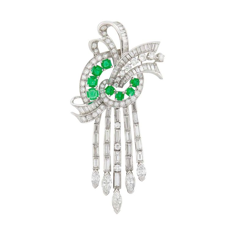 Platinum emerald and diamond clip-brooch