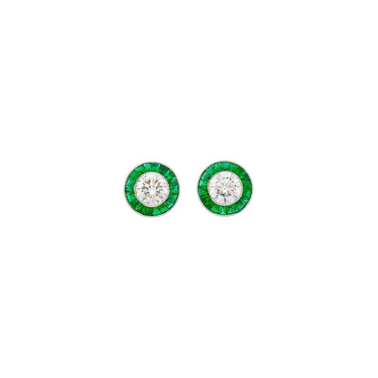 Platinum diamond and emerald earrings