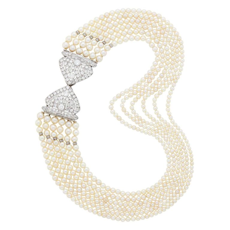 Platinum diamond and six-strand cultured pearl necklace