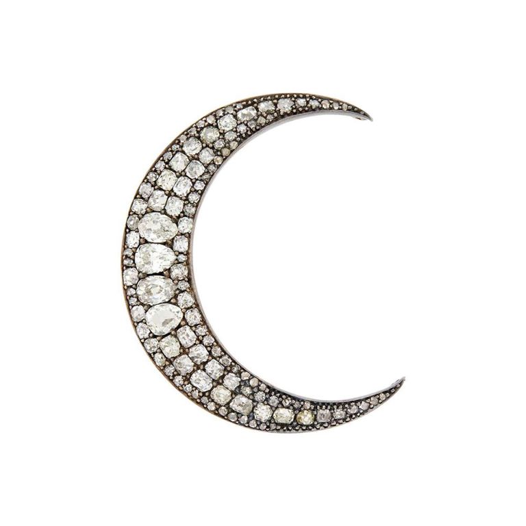 Antique silver gold diamond crescent brooch