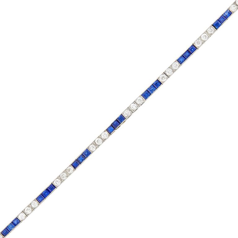 Platinum sapphire and diamond straightline bracelet
