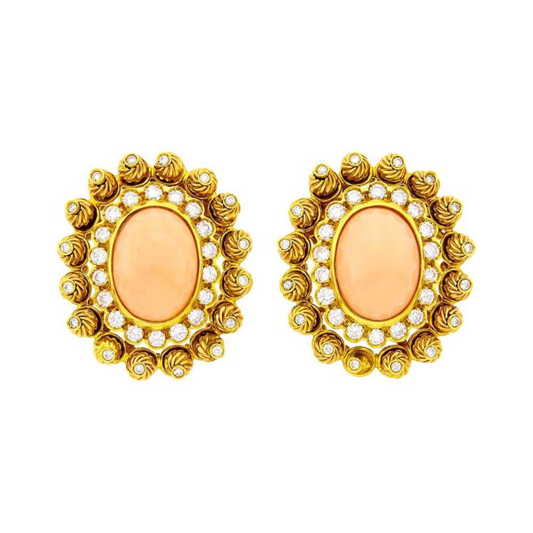 18k gold earclips with angel skin coral and diamonds