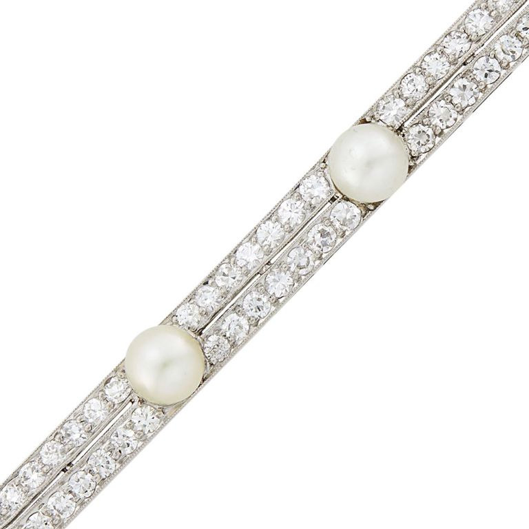 Raymond Yard platinum button pearl and diamond bar pin