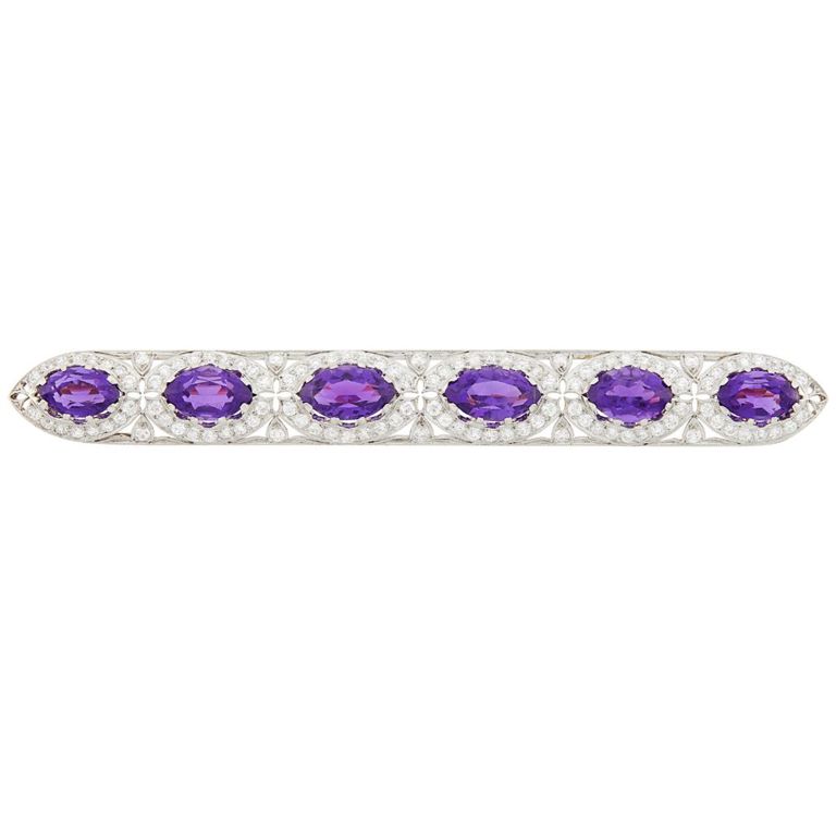 Tiffany, Co. platinum gold amethyst and diamond bar brooch