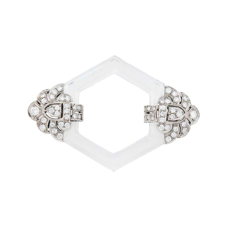 Platinum rock crystal and diamond brooch