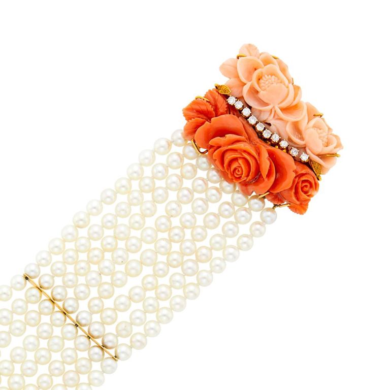 14k gold bracelet with cultured pearls, carved coral and diamonds