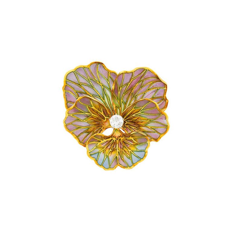Antique gold plique-à-jour enamel diamond pansy pendant-brooch