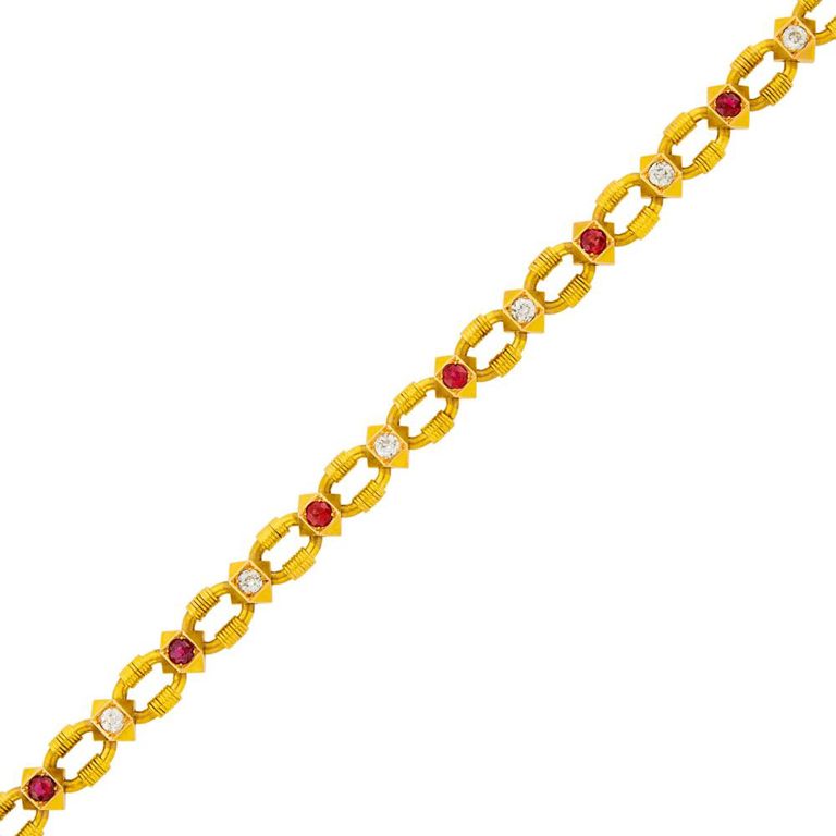 Gold ruby and diamond link bracelet