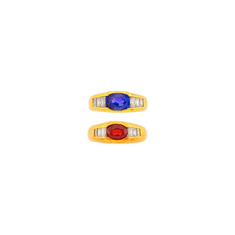 Pair of gold tanzanite red spinel diamond rings