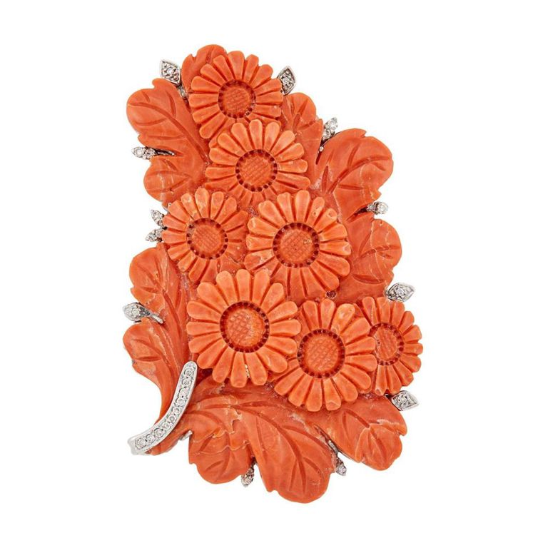 14k white gold brooch with carved coral and diamonds