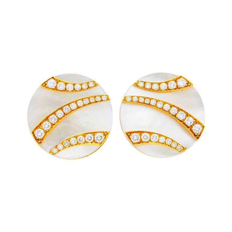 18k gold mother of pearl and diamond earclips