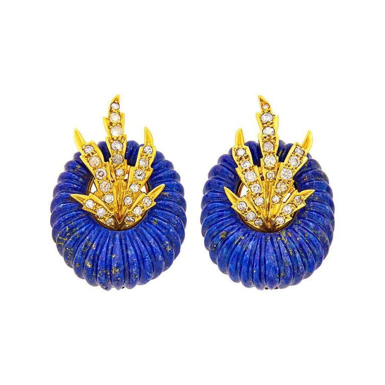 18k gold fluted lapis and diamond earclips