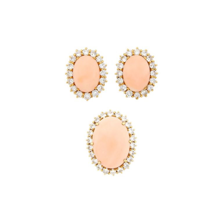 18k gold angel skin coral and diamond earclips and ring