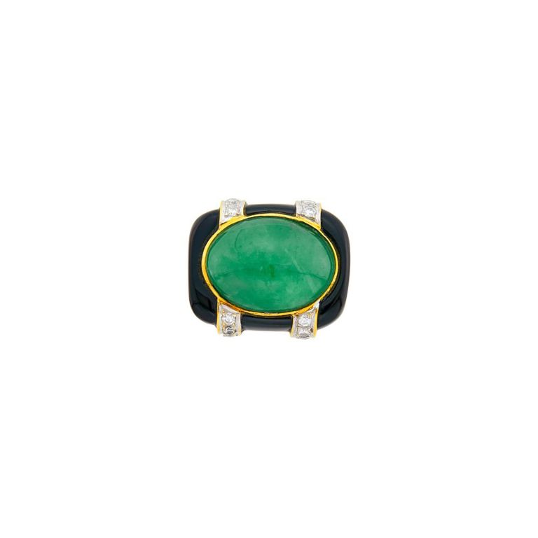 18k two-tone gold ring with jade, onyx and diamonds