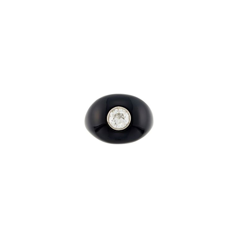 18k gold platinum black enamel diamond bombé ring