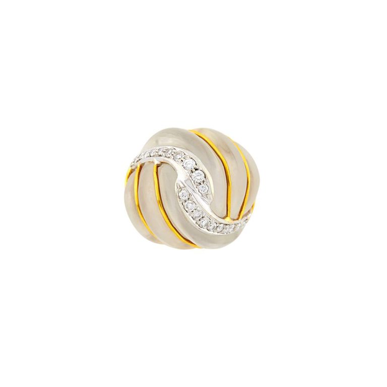 18k two-tone gold carved frosted rock crystal and diamond dome ring