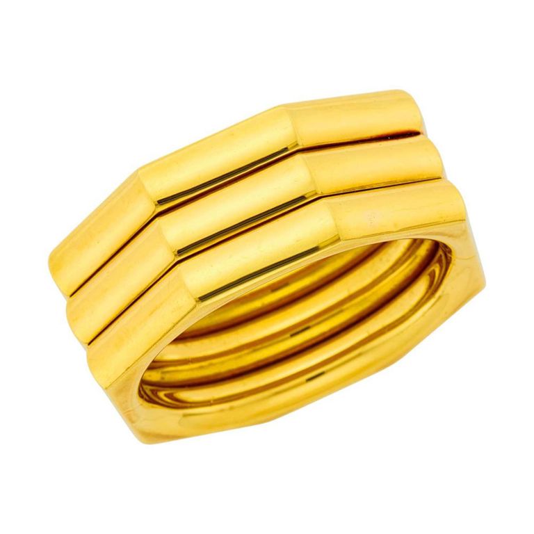 18k gold three-row hexagonal cuff bangle bracelet