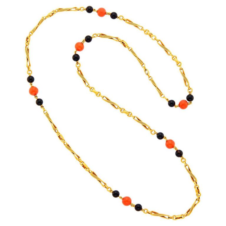 18k gold long necklace with coral and black onyx beads