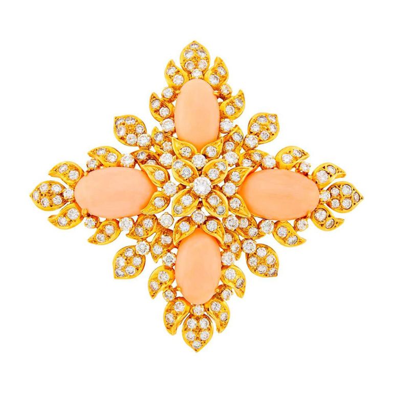 18k gold angel skin coral and diamond Maltese cross pendant-clip brooch