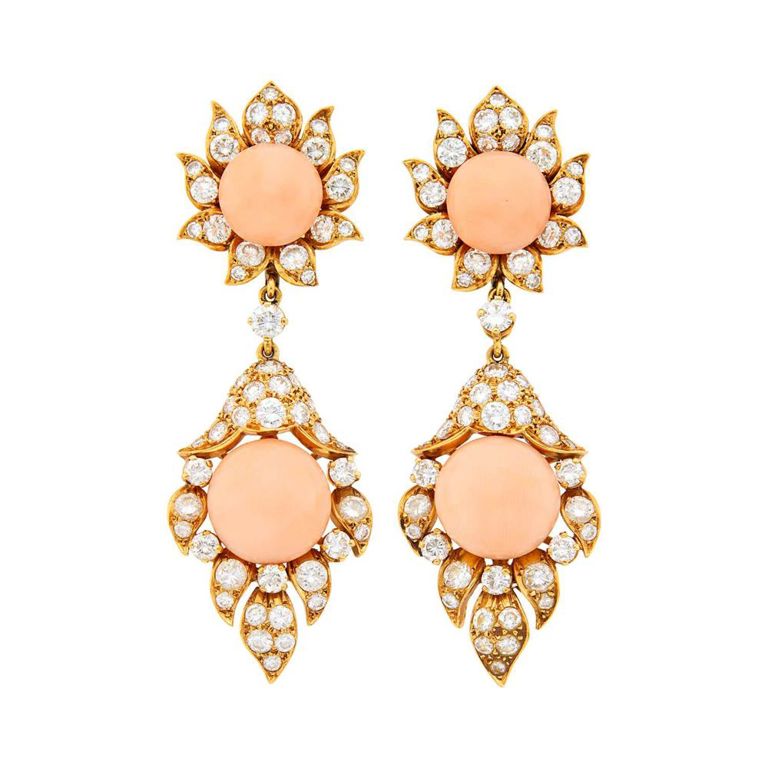 18k gold angel skin coral and diamond clip-back earrings