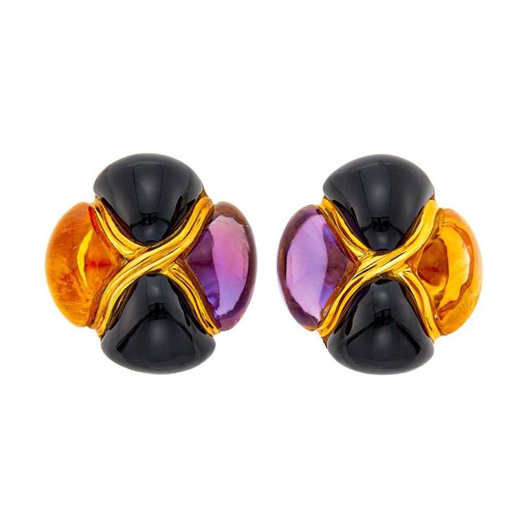 18k gold earclips with black onyx, amethyst and citrine