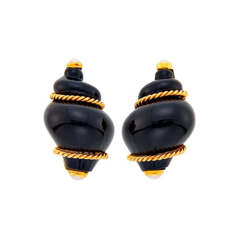 14k gold SeaMen Schepps earclips with black onyx and split pearls