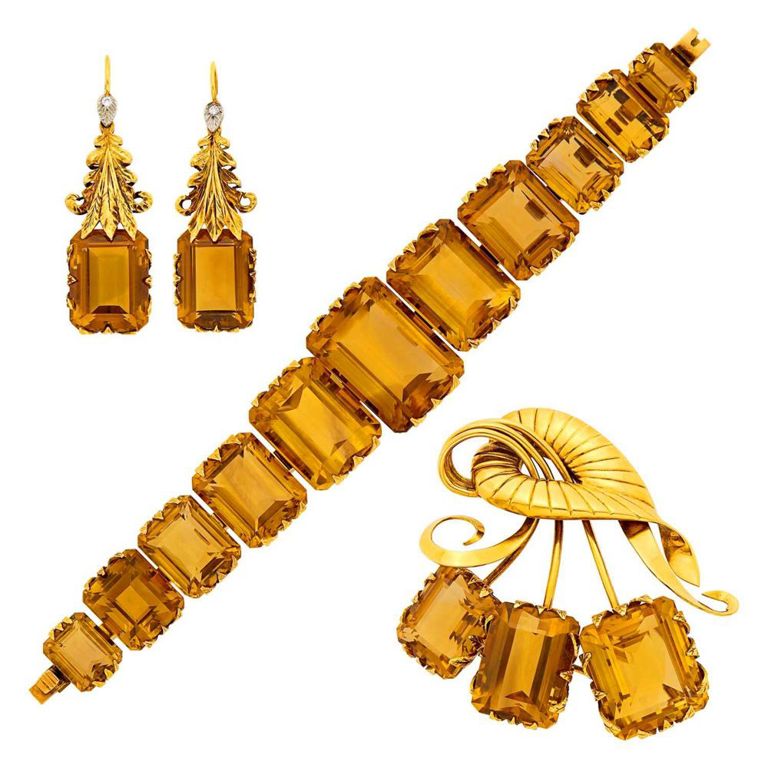 Gold bracelet, brooch and earrings with citrines and diamonds