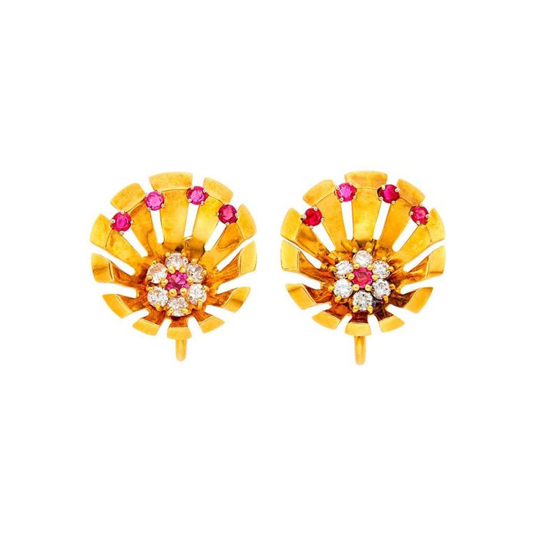 Gold earclips with rubies and diamonds