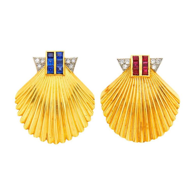 14k gold and platinum shell clips with rubies, sapphires and diamonds