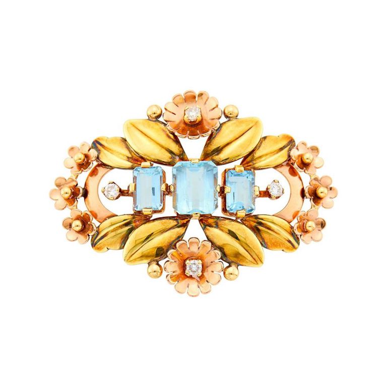 14k two-tone gold brooch with aquamarines and diamonds