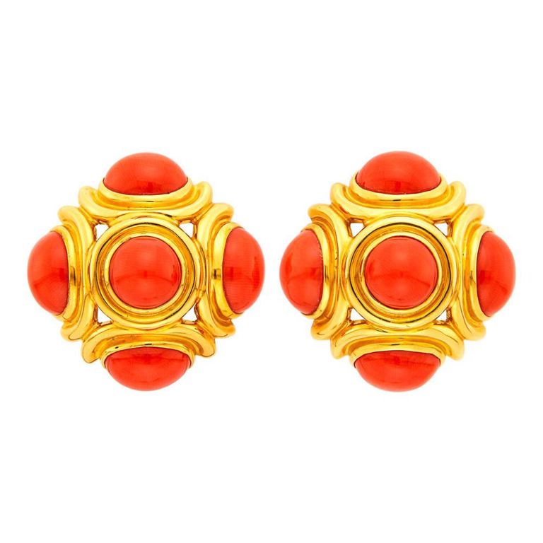 18k gold earclips with coral