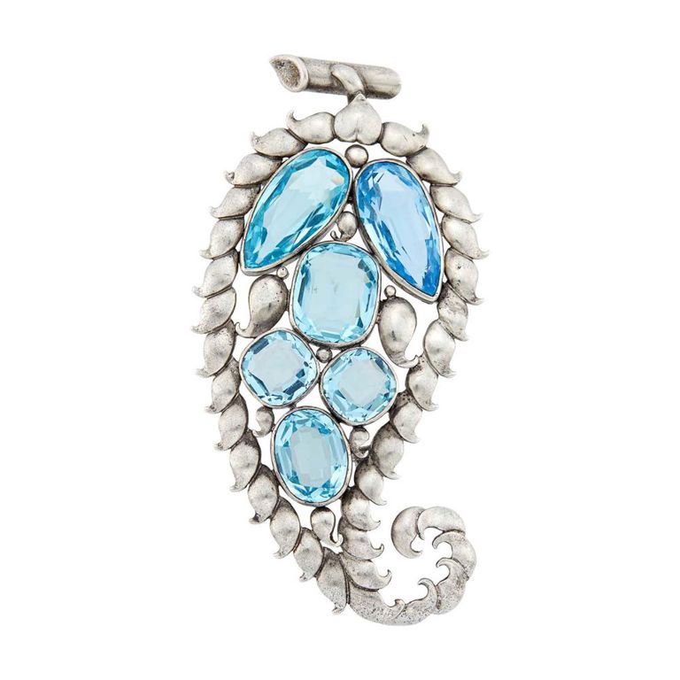 René Boivin silver and blue stone paisley brooch