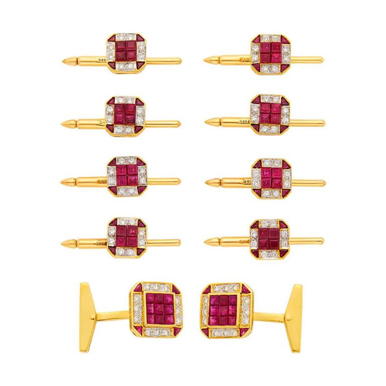 18k gold dress set with invisibly-set rubies and diamonds