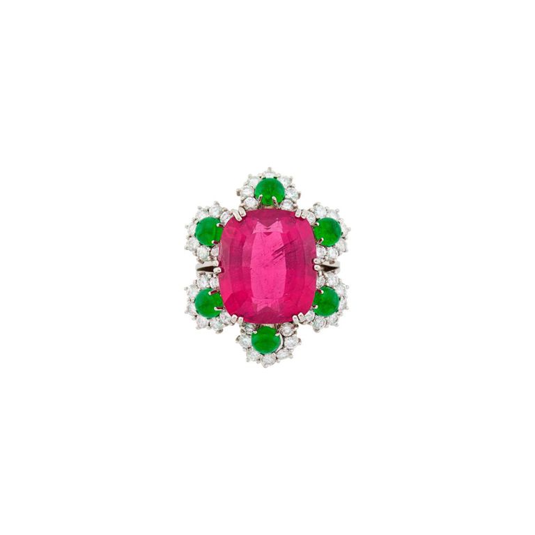 18k white gold ring with rubellite, cabochon emeralds, and diamonds