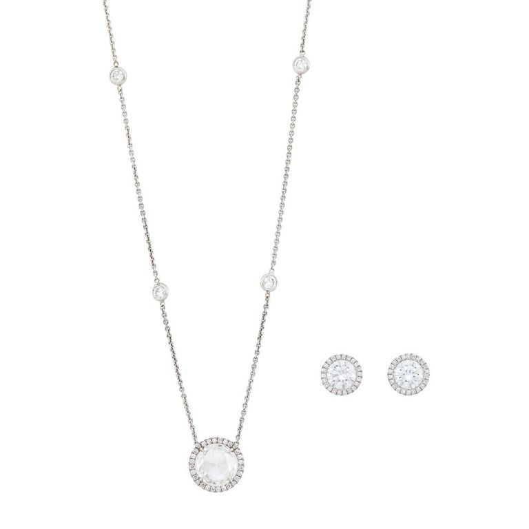 18k white gold diamond earrings and pendant-necklace