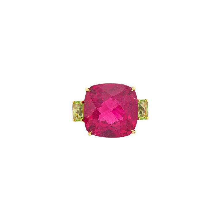 Platinum and gold ring with rubellite and peridot by Paolo Costagli