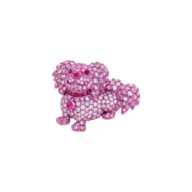 18k electroplated rose gold dog brooch with diamonds and rubies