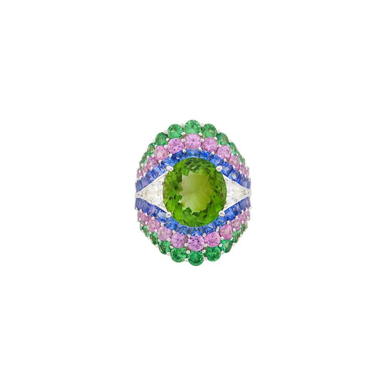 18k white gold ring with tourmaline, sapphires, garnets and diamonds