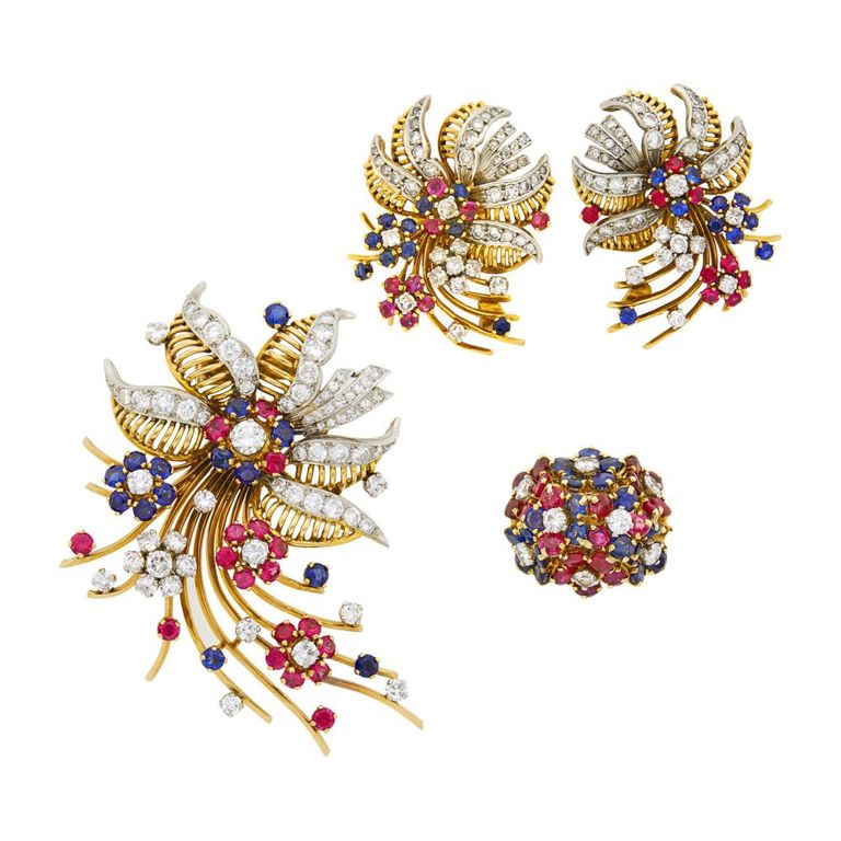 18k gold and platinum flower spray brooch, earclips and ring