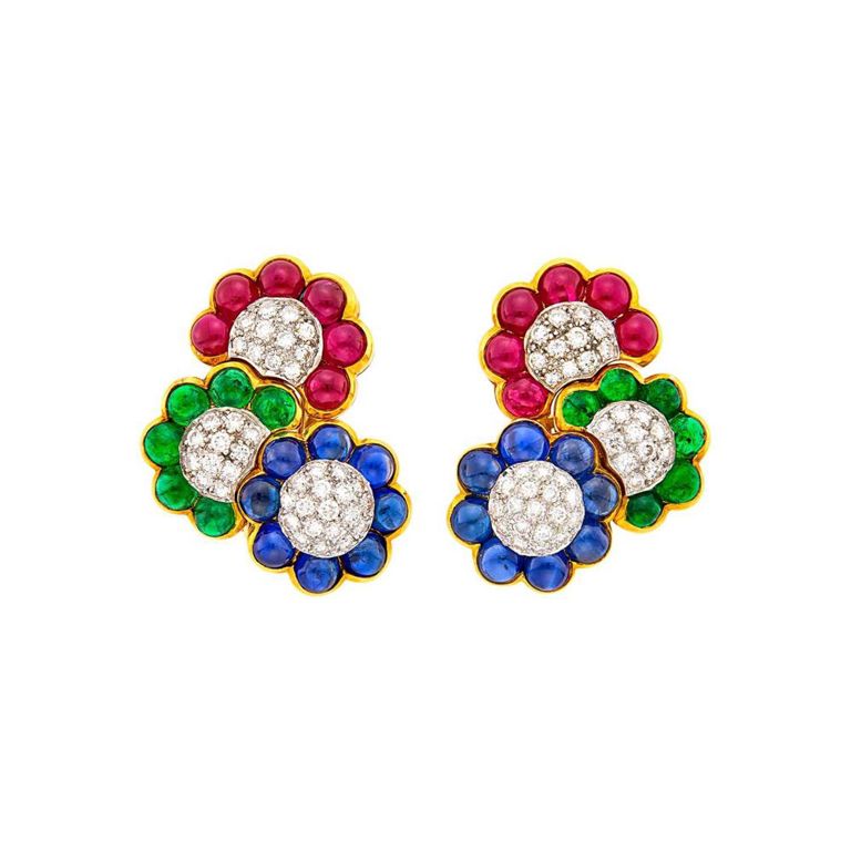 18k two-tone gold diamond and cabochon gem-set flower earclips