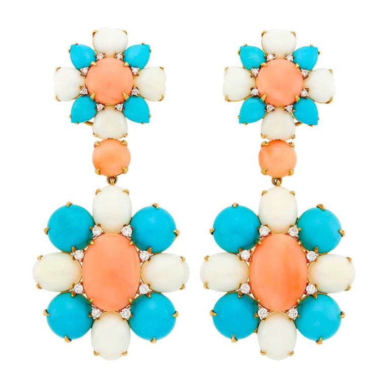 18k gold earclips with multicolored coral, turquoise and diamonds