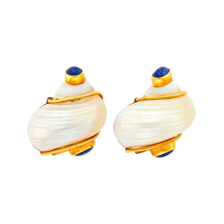 14k gold 'Turbo' earclips with shell and sapphires