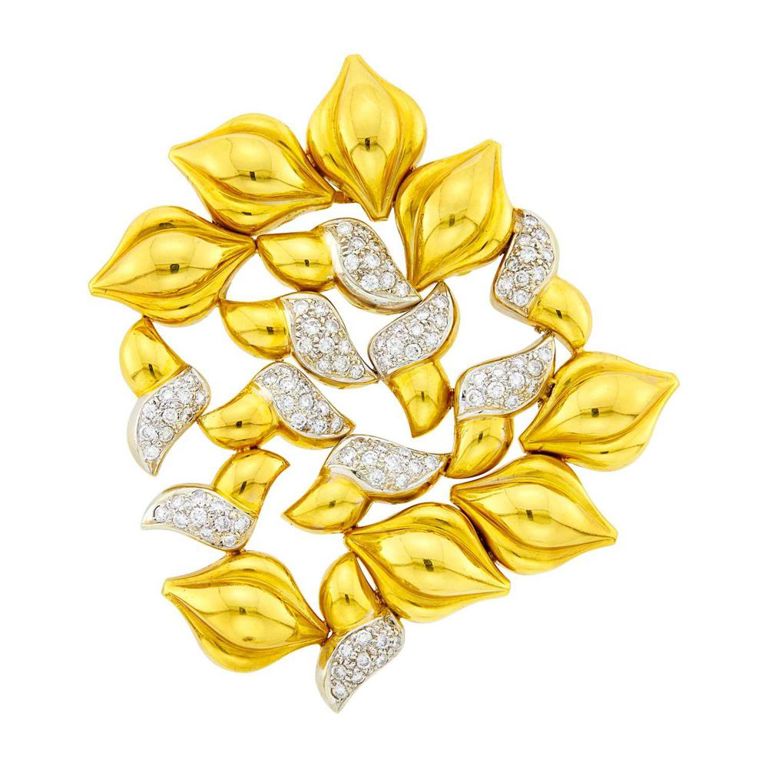 18k yellow gold and white gold diamond brooch