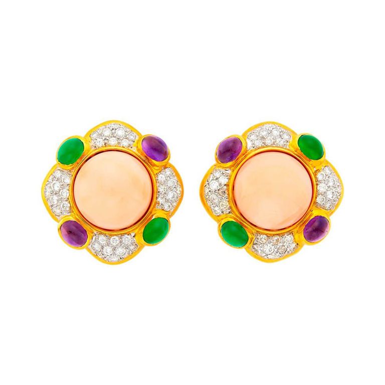 18k yellow gold and white gold coral, chrysoprase and amethyst earclips