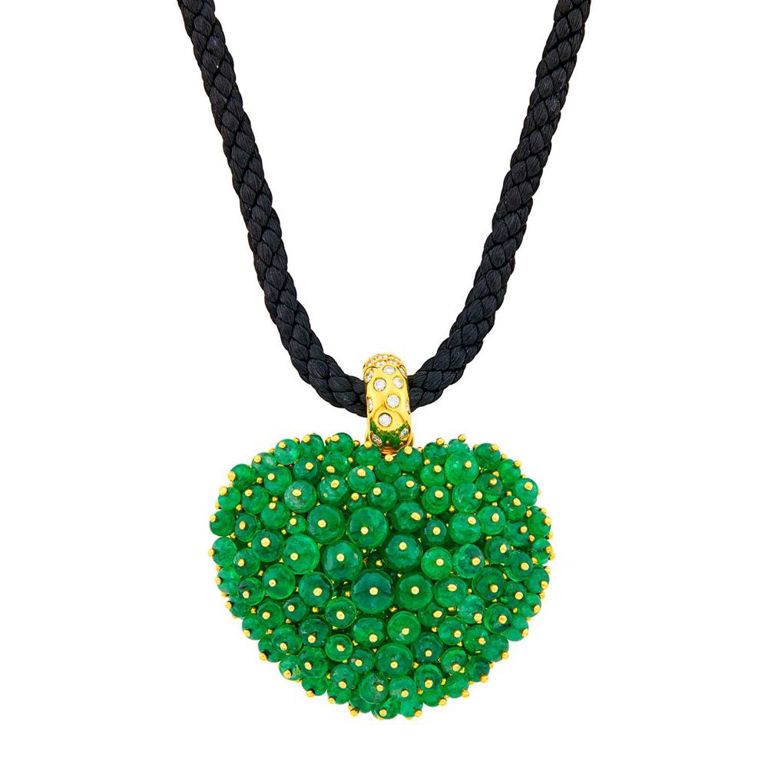 18k gold emerald and diamond heart pendant brooch with cord