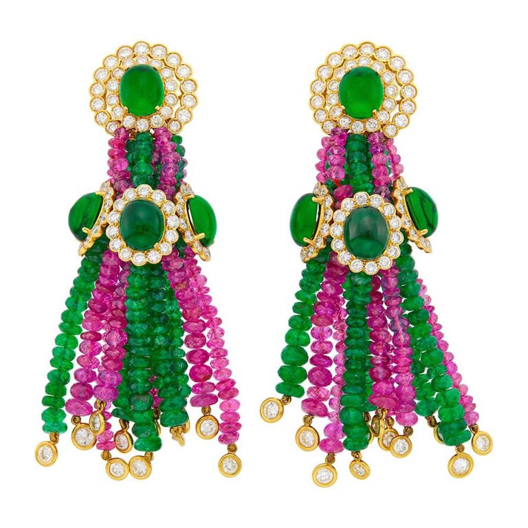 18k gold green glass diamond emerald and ruby earclips