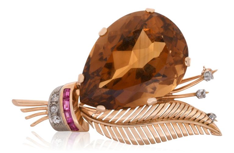 18k yellow gold topaz, diamond and ruby brooch
