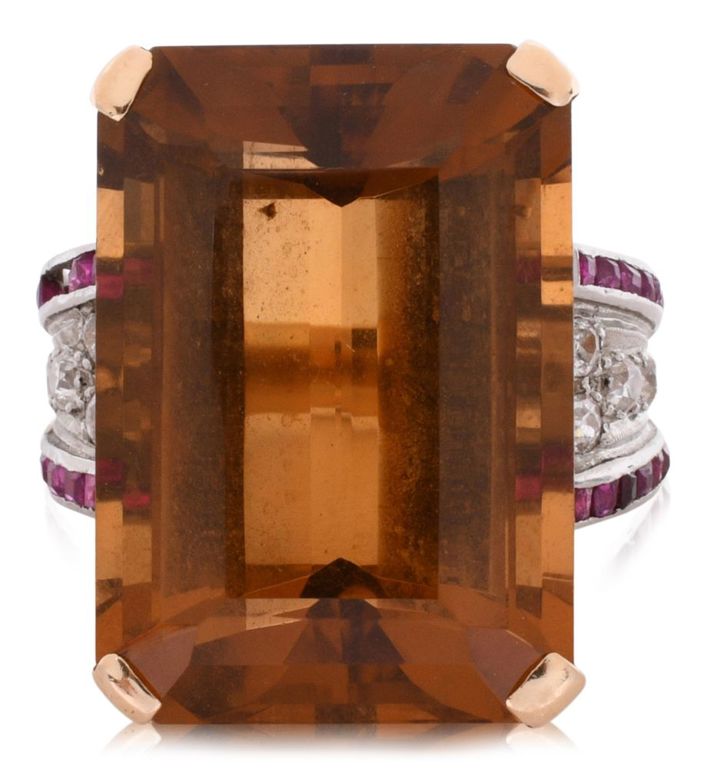 18k yellow gold topaz, diamond and ruby ring