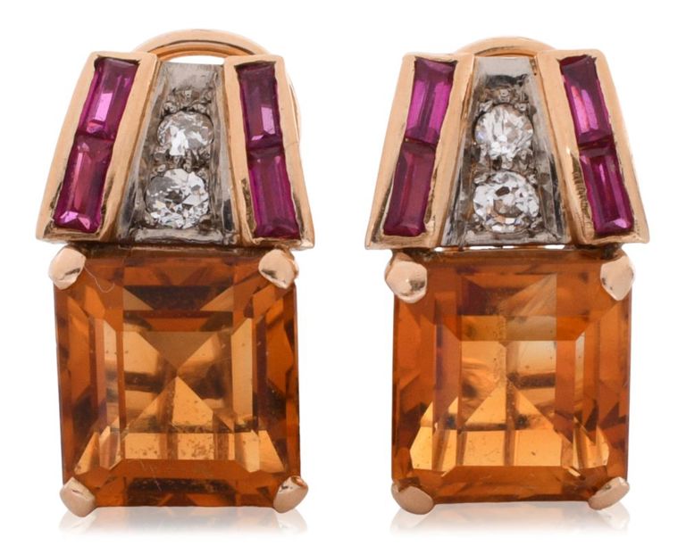 18k yellow gold topaz, diamond and ruby earrings