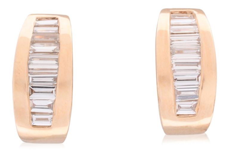 14k yellow gold and baguette diamond half hoop earrings